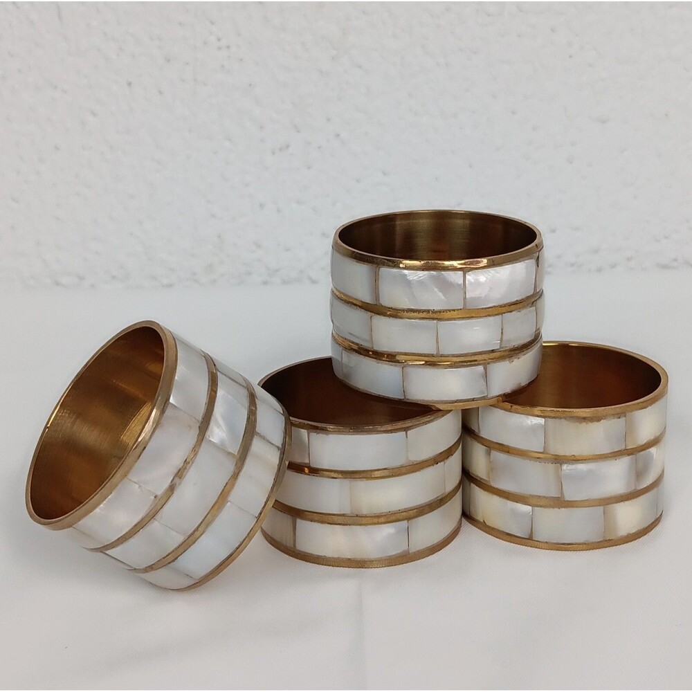 4 Mother of Pearl Napkin Ring Holders Brass Boho Seaside Table Setting